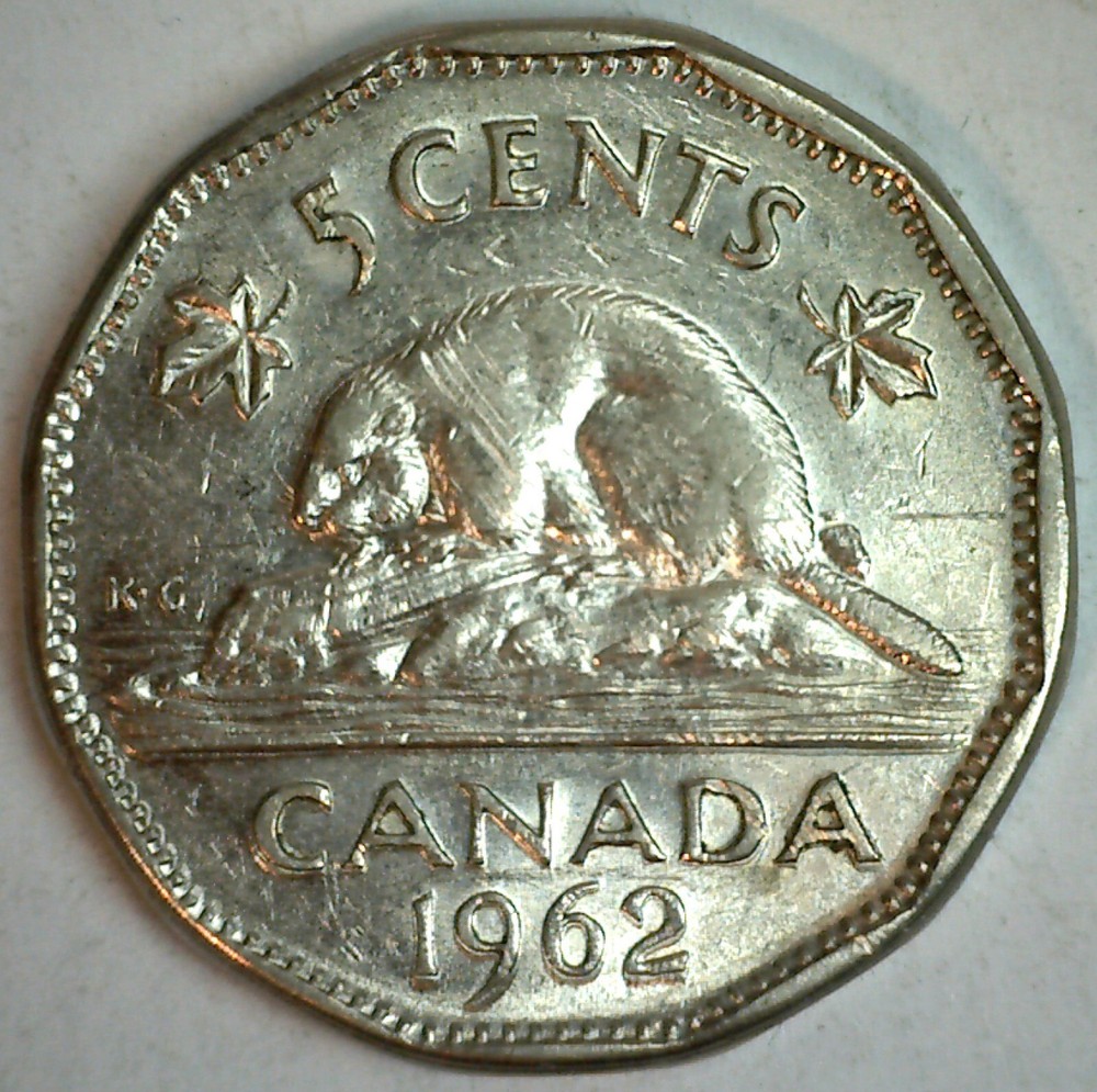 1962 Canada Nickel Content 5 Cent Coin Almost Uncirculated Double Date & CA