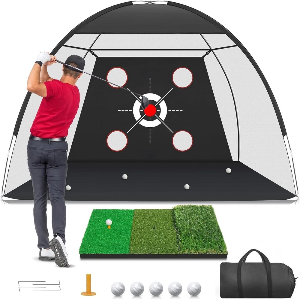 Golf Net 10x7FT W/ Golf Practice Mat Hitting Aid Nets Backyard Driving Chipping