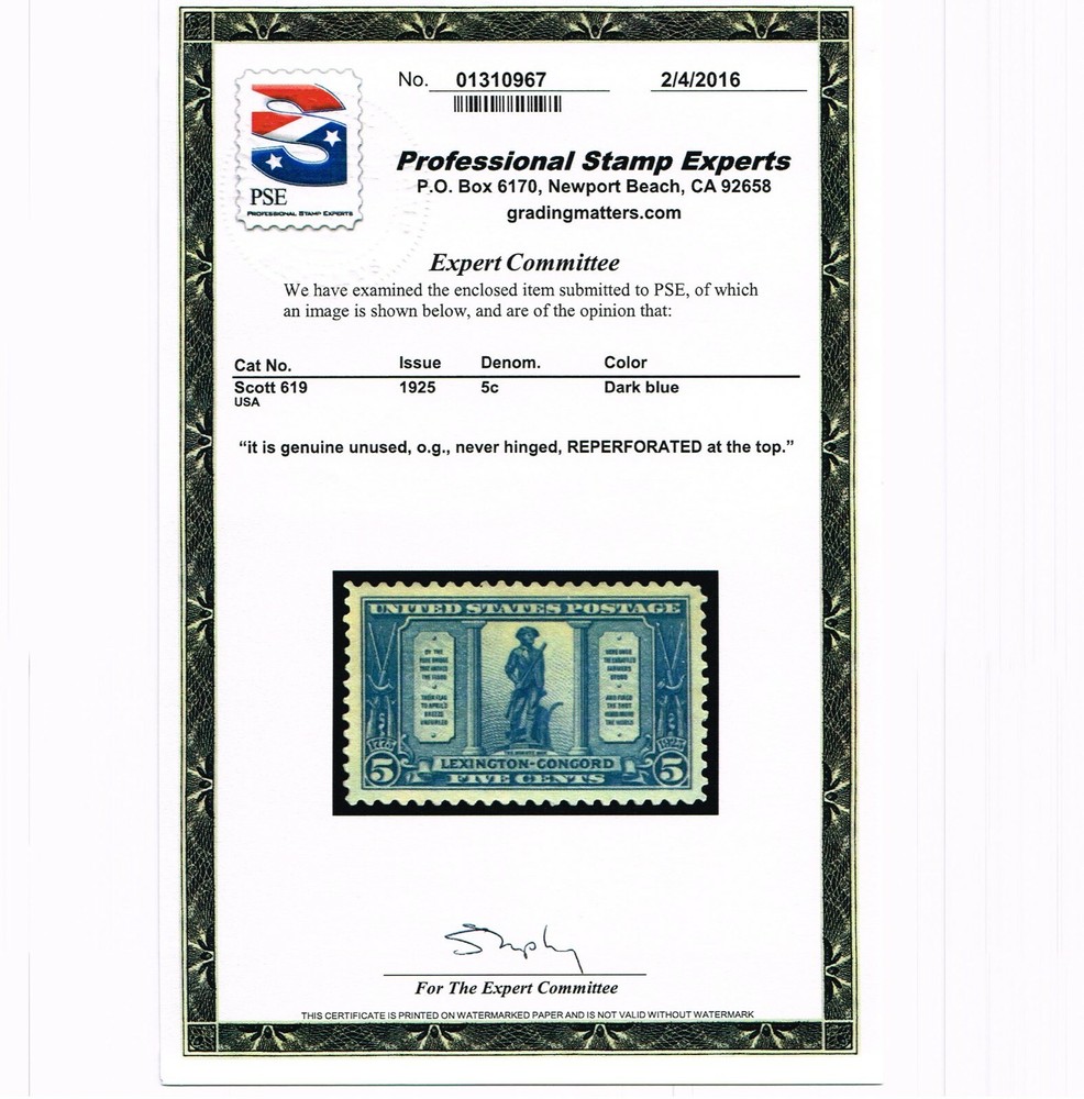 EXCELLENT GENUINE SCOTT #619 MINT PRISTINE OG NH 1925 LEXINGTON-CONCORD PSE CERT