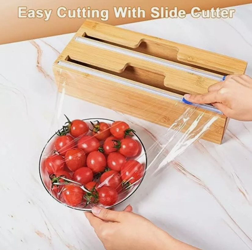 2 in 1 Plastic Wrap Bamboo Dispenser with Cutter for Kitchen