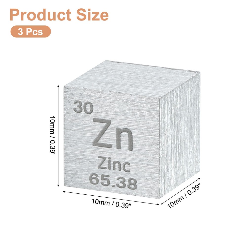 3Pcs Zinc Cube Cube, 0.39" High Density Metal Element Cube for Education, Silver