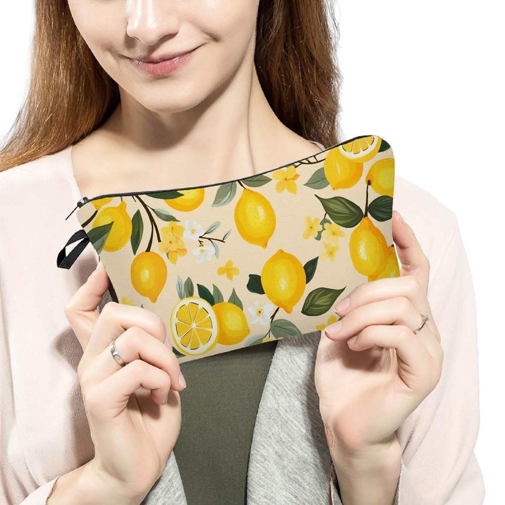 Lemon Makeup Bag - Yellow Lemon Pattern - Small Cute Organizer - Zipper Pouch...
