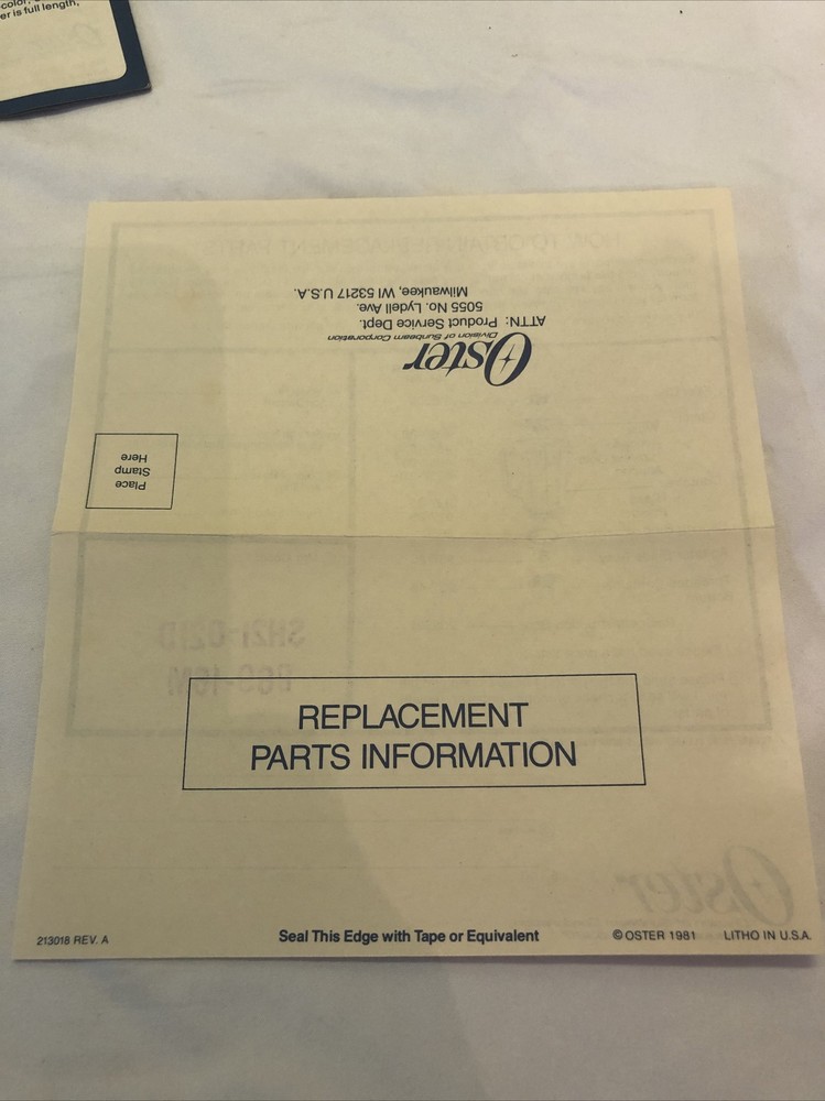 1981 Osterizer Accessory Information and Coupons, Service Info, Replacement Part