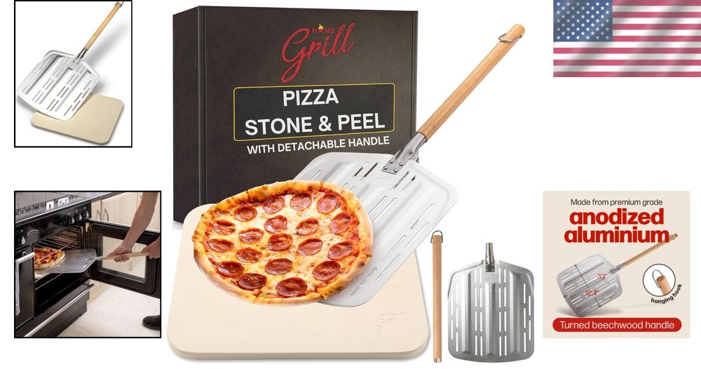15x12'' Rectangular Pizza Stone with Anodised Peel - Crispy Crusts Guaranteed
