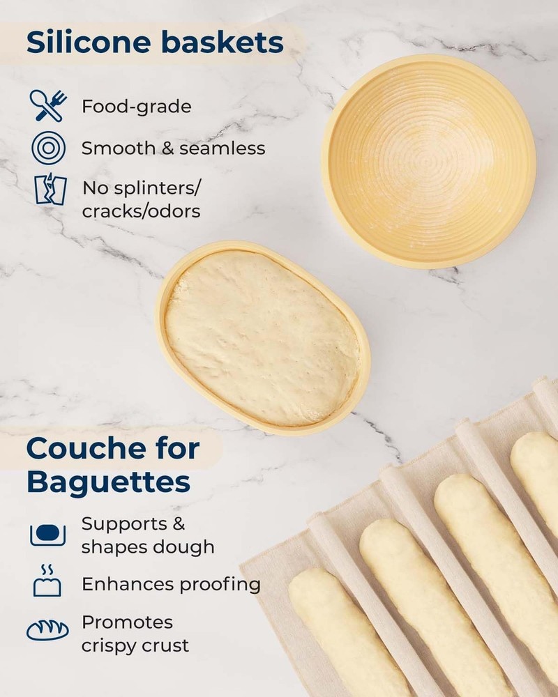 Silicone Proofing Baskets with Sourdough Starter Jar Kit, 9" Round & 10" Oval...