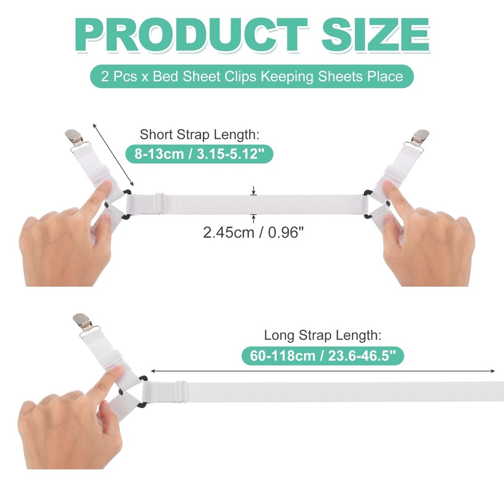 2Pcs Bed Sheet Holder Straps Elastic Adjustable 2 Way Cross 4 Clips, White