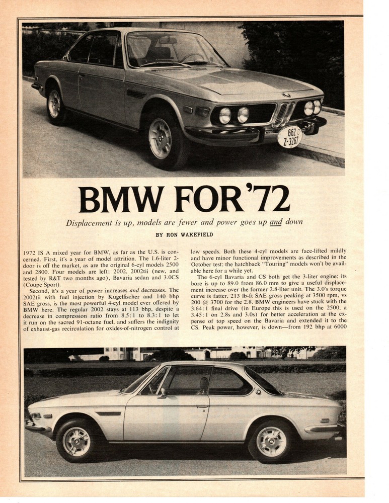 1972 BMW NEW CAR PREVIEW ~ ORIGINAL 2-PAGE ARTICLE / AD