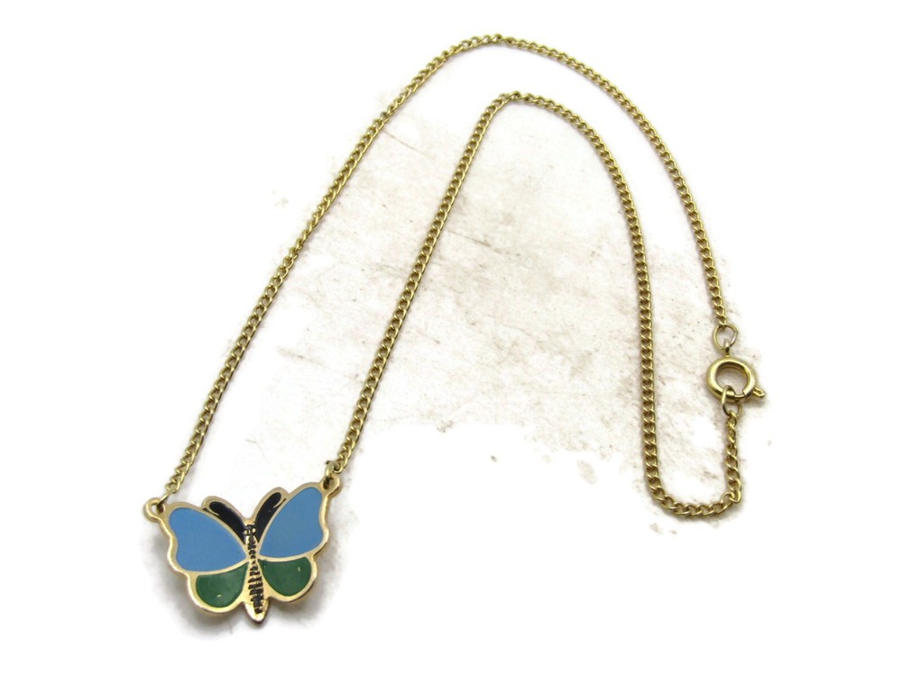 Blue & Green Butterfly Necklace Gold Tone Chain