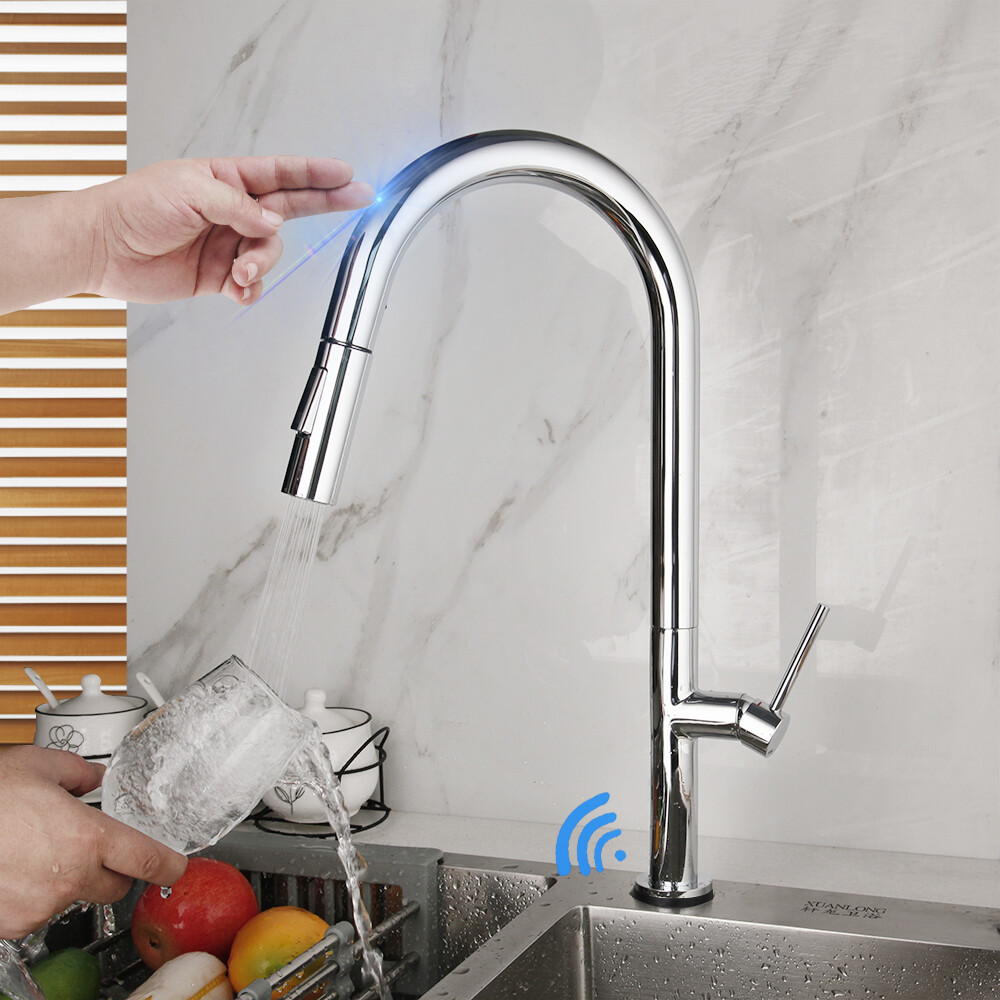 Smart Touch Hand Sensor Kitchen Sink Faucet Chrome Mixer Pull Out Swivel Taps
