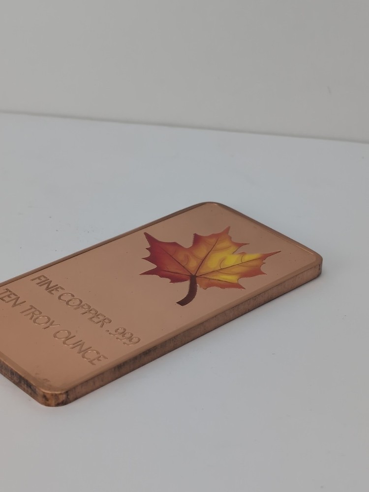 Fine Copper 10 Troy Ounces Colorized Maple Leaf, Copper Bar