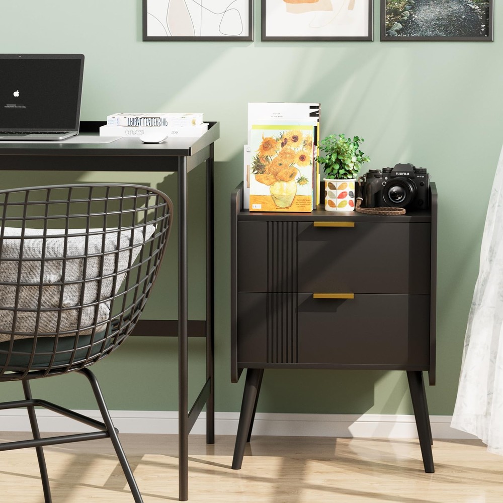Black Nightstand Modern Bedside Table with 2 Storage Drawer, Small Night Stan...