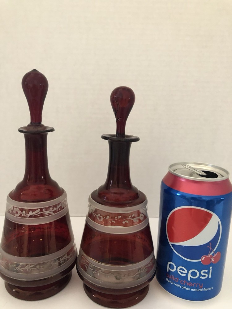 Antique Bohemian Hand Blown Ruby Red Perfume Scent Bottles Pair