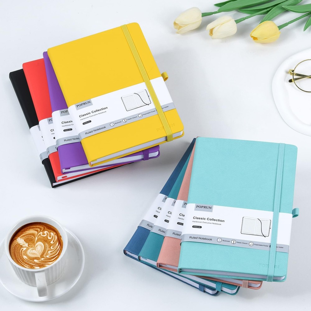 POPRUN A5 Lined Journal Notebooks, 8 Pack Leather Hardcover Thick Notebook fo...