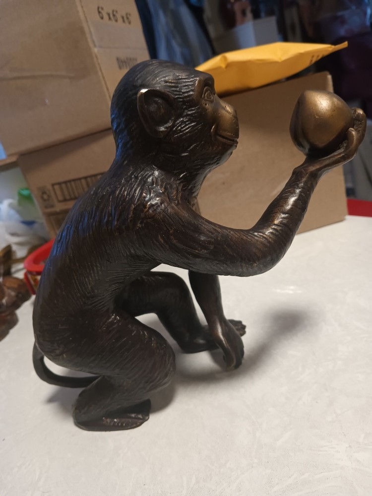 Cast Bronze Monkey offering Fruit 8"h 9"l