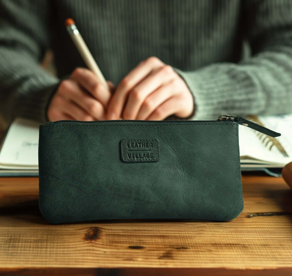 Leather Pencil Pouch Pen - Elegant and Practical Zipper Case Turquoise