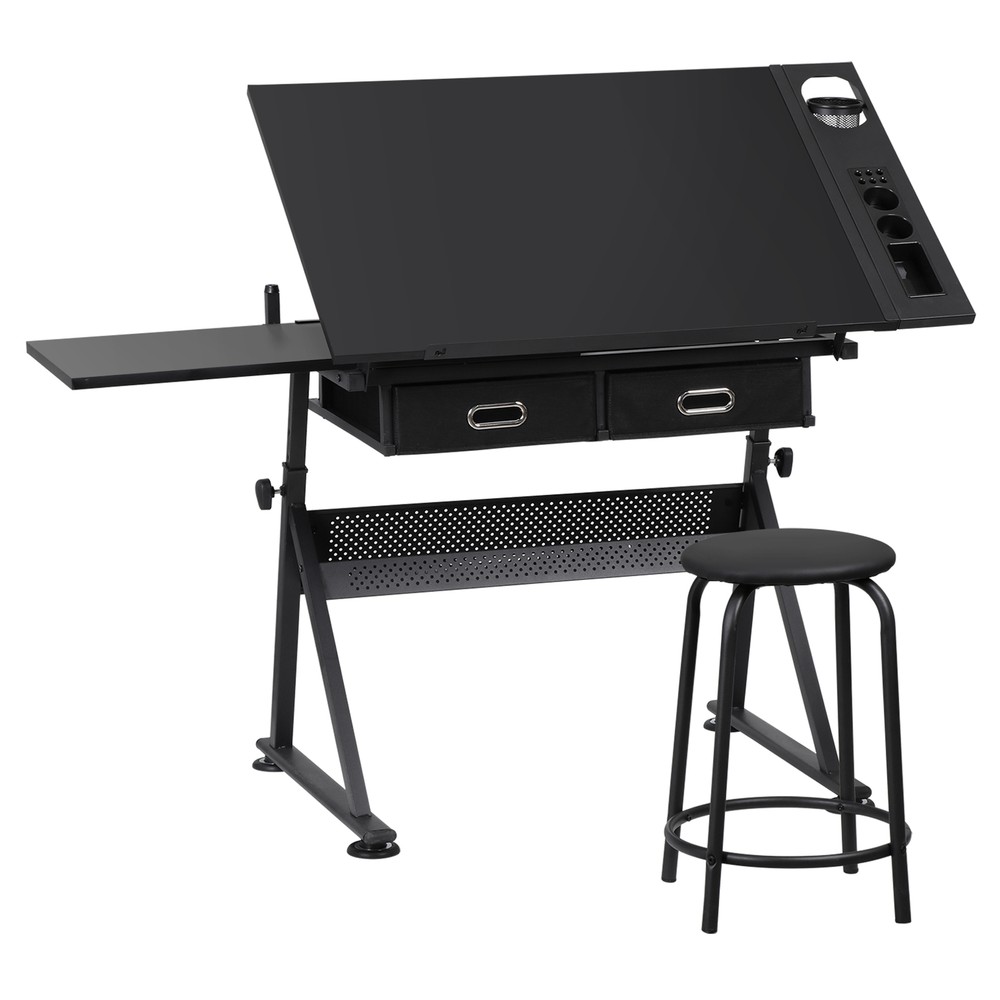 Adjustable Drafting Table Tilting Tabletop Art Craft Desk with 2 Drawers, Stool