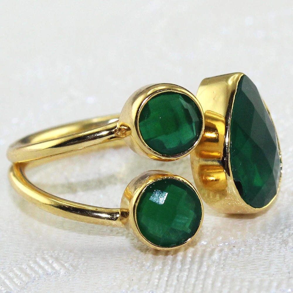 Double Layer Chalcedony Multi-Color Hydro Quartz 24k Gold Plated Adjustable Ring