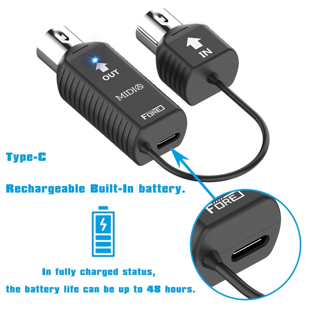 FORE K1 Wireless Bluetooth USB MIDI Interface, IN/OUT & Receiver,...
