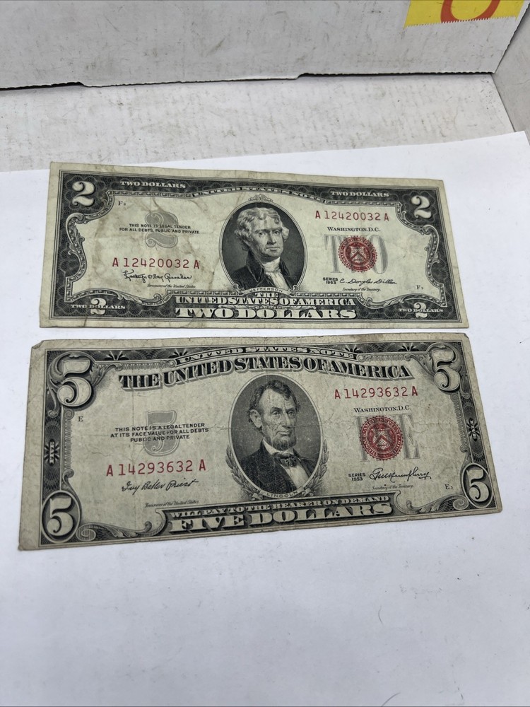 2 Note Lot 1953 $5 1963 $2 VG Circ USN Red Seal Notes