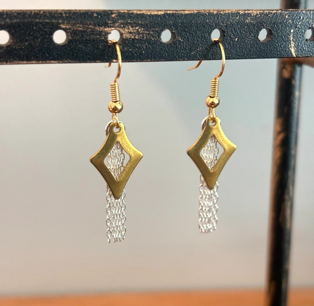 Open Brass Diamond Shape With Silver Fringe Earring