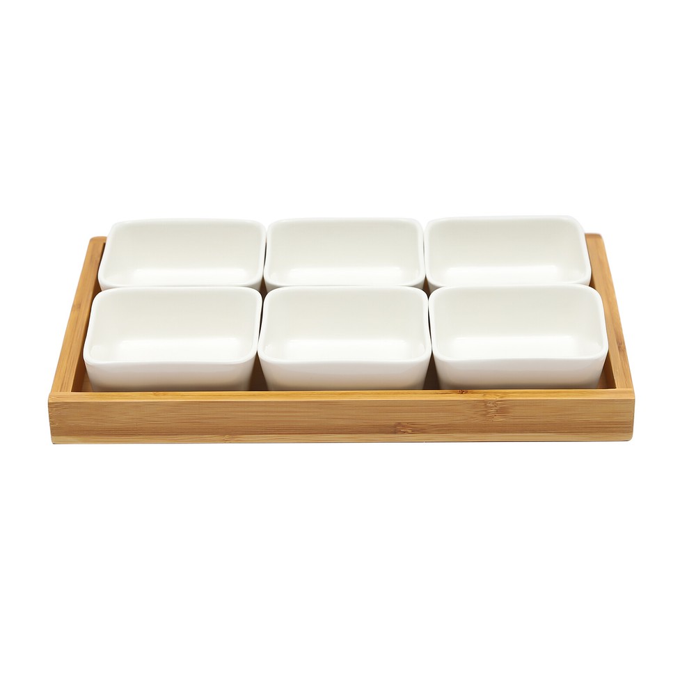 Ceramic Snack Serving Tray Set Square w/ Bamboo Lids & 6 Piece Platter
