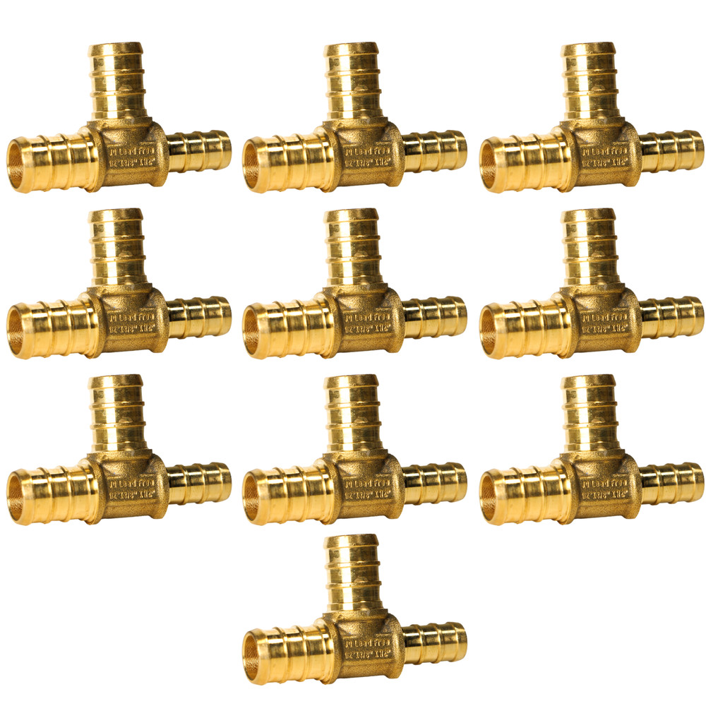10 Pack  XFITTING 1/2" x 3/8" x 1/2" Pex B Tee, Lead Free Brass, Crimp Fitting