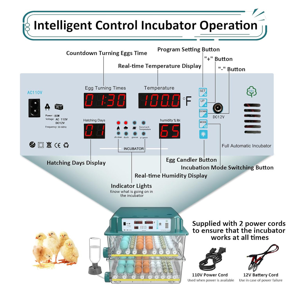 Incubators for Hatching Eggs 120, Chicken Egg Incubator with Automatic Egg Turni