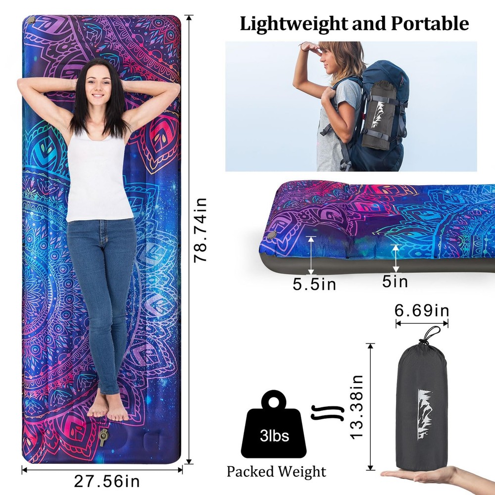 Camping Sleeping Pad Extra Thick 5 Inch Inflatable Camping Pad with Pillow Sl...