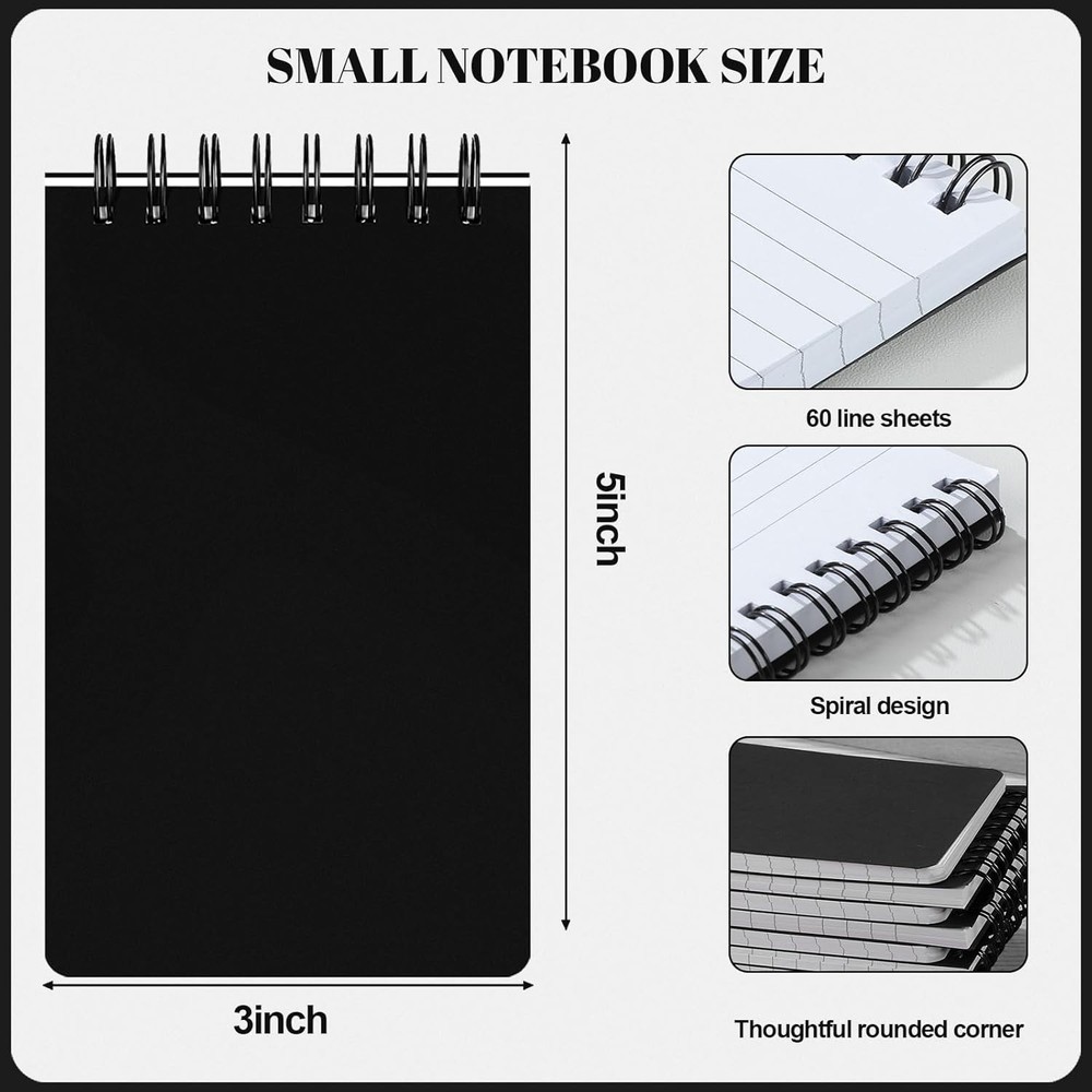 8 Pack 3x5 Mini Spiral Notepads 60 Sheets Lined Pocket Notebooks Black