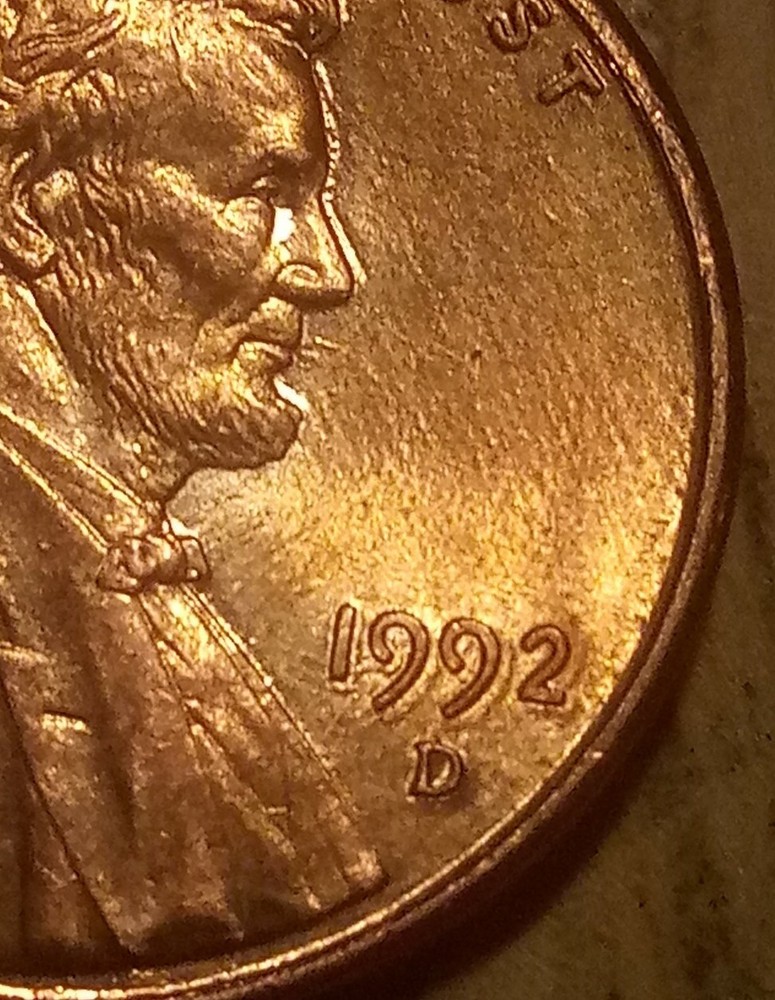 1992 D Lincoln Penny, DDO Date, Split Tounge Error, Raw, Uncleaned