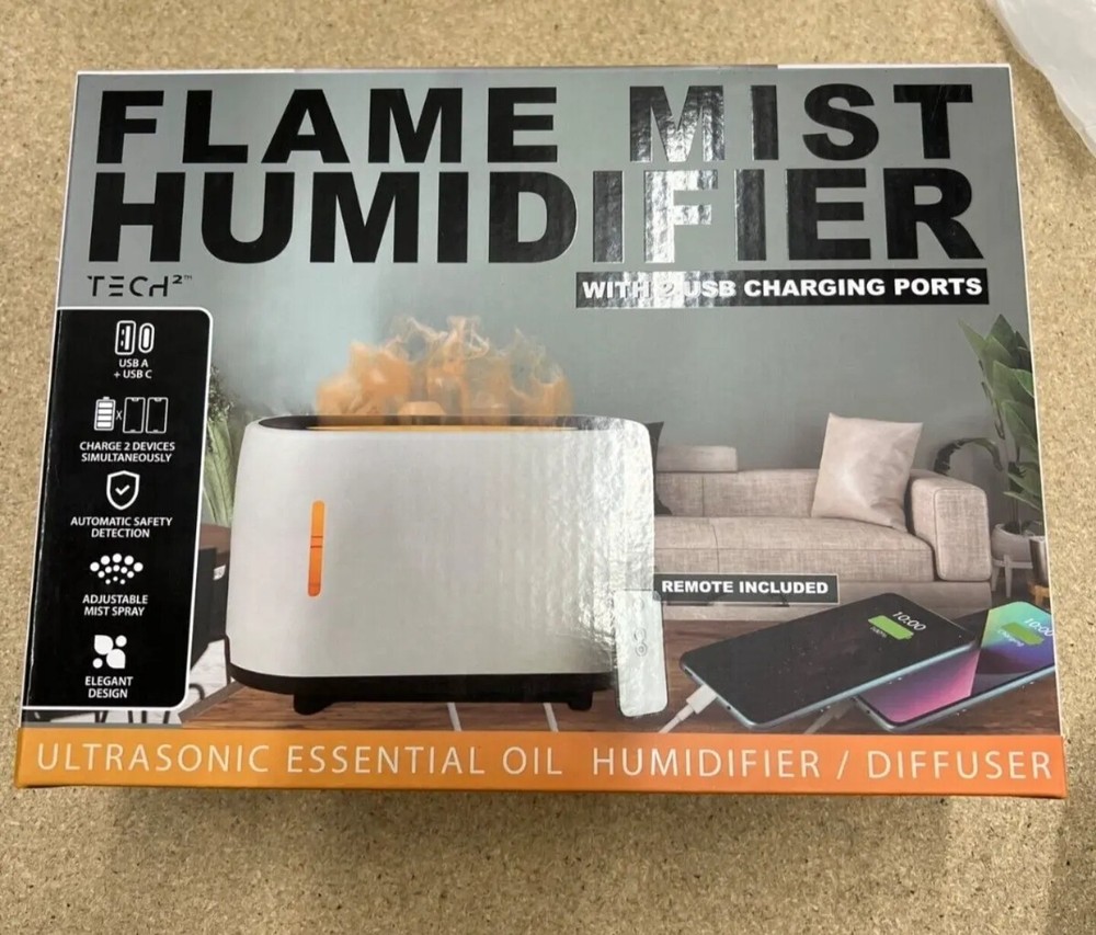 Tech Squared Flame Mist Humidifier & Ultrasonic Diffuser w/ 2 USB Charging Ports