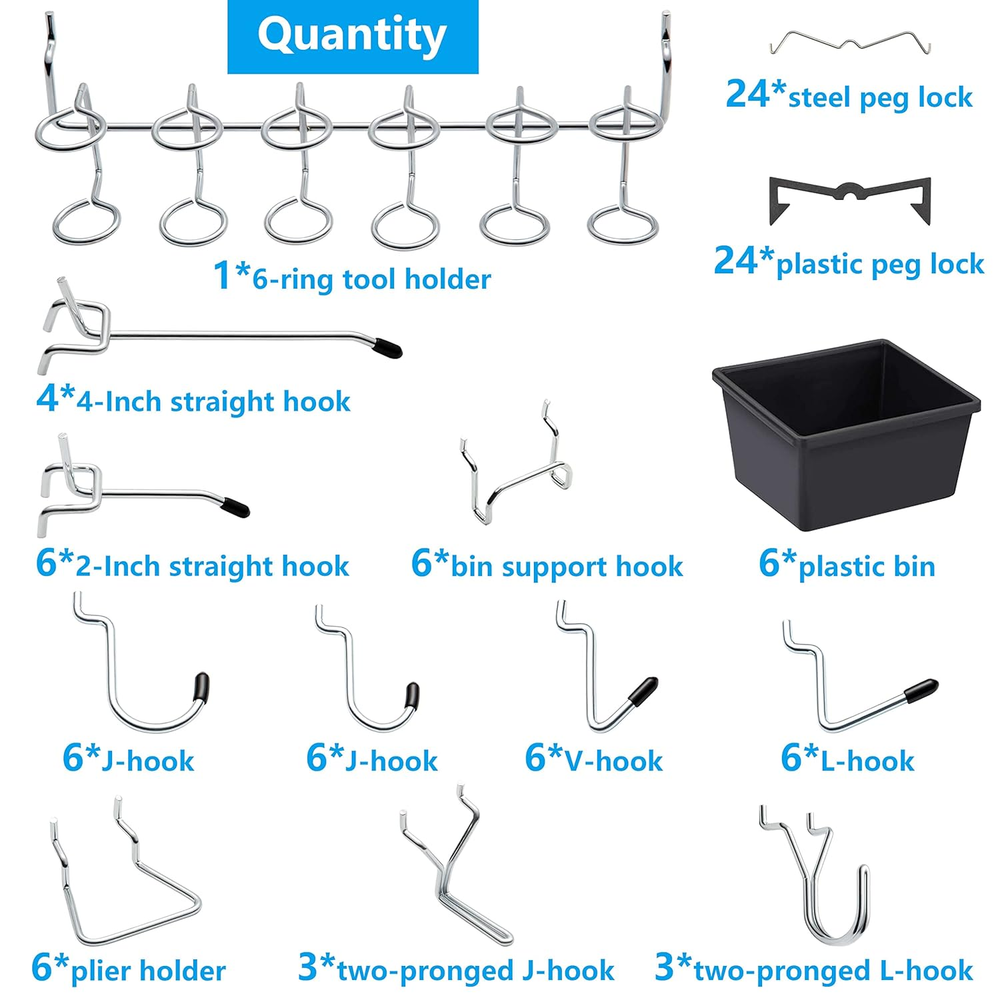 Pegboard Hooks Assortment, for Organizing Various Tools, with Pegboard Bins, 107