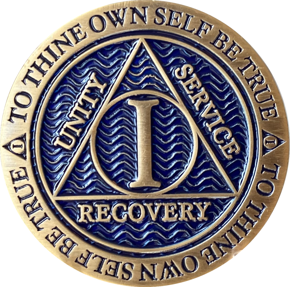 1 Year AA Medallion Antique Reflex Blue Sobriety Chip