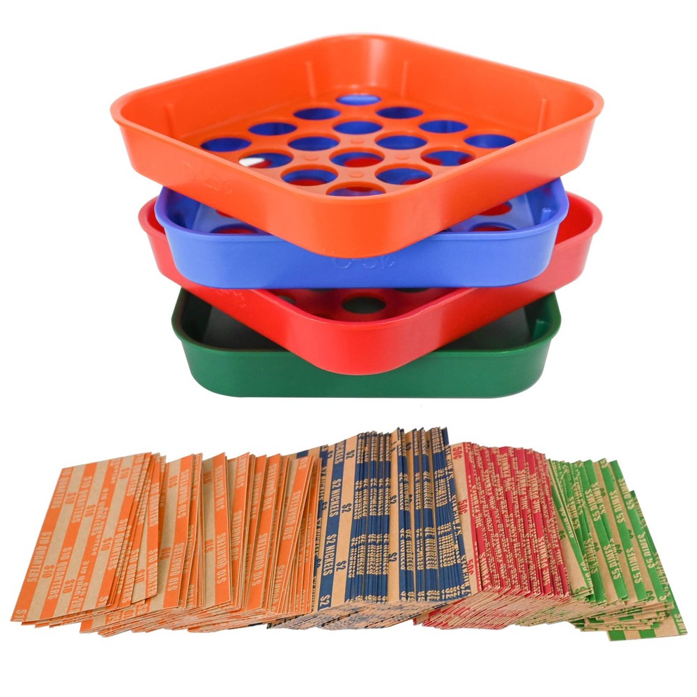 Coin Sorters Tray 4 Color-Coded Sorting Tray with 160 Coin Roll Wrappers