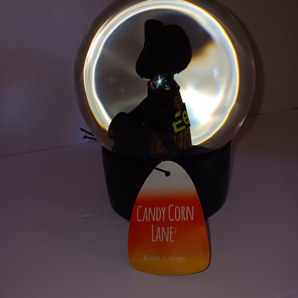 Halloween, Candy Corn Lane Snow Globe With Black Snow, Witch & Cat. "EEK"...