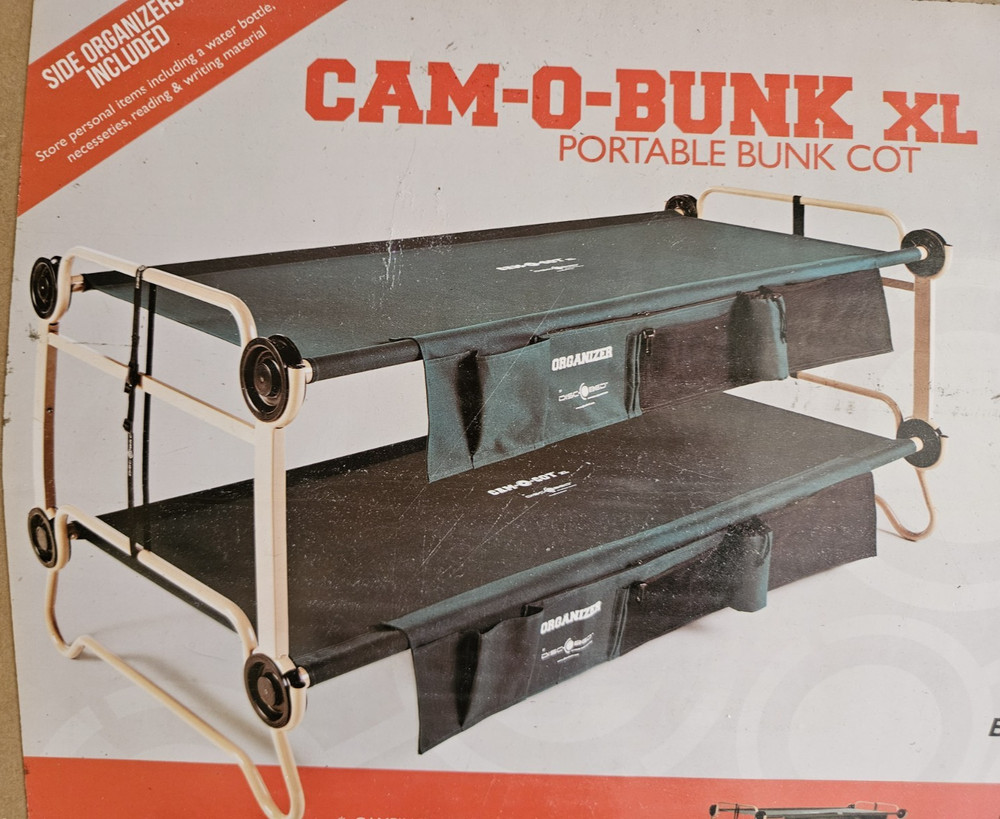 DISC-0-BED XL-portable bunk cot green HEAVY DUTY 500# PER COT complete excellent