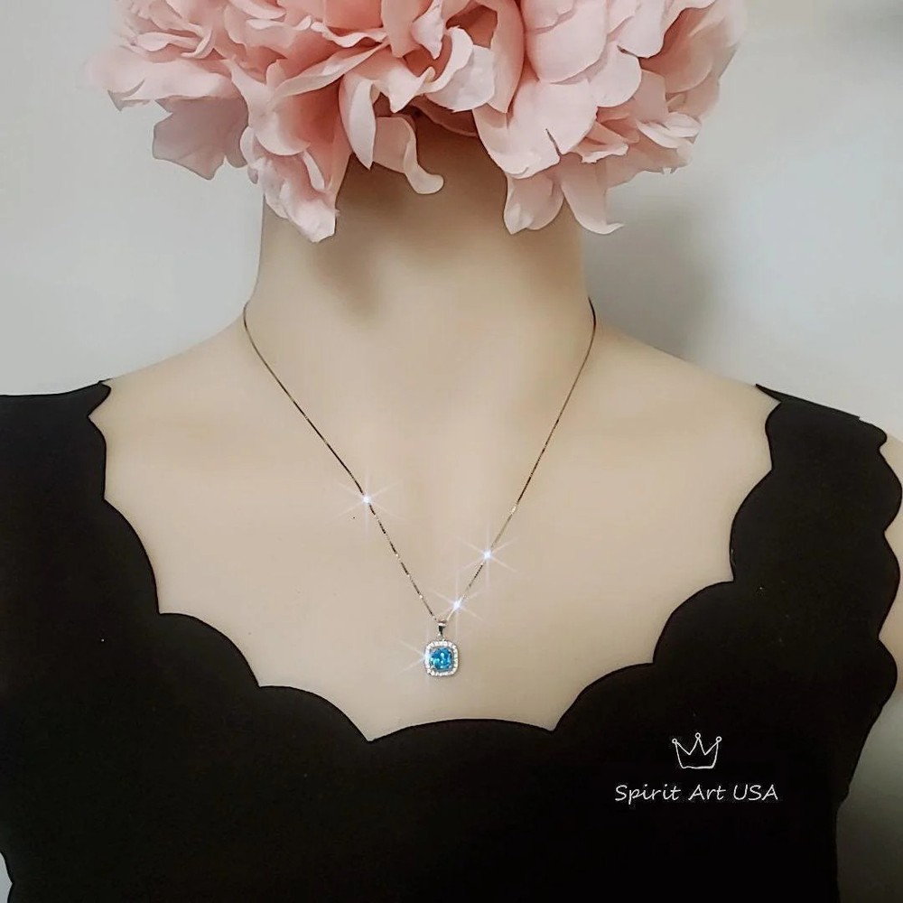 Minimalist Blue Topaz Necklace Sterling Silver Tiny Halo Square Solitaire Tiny