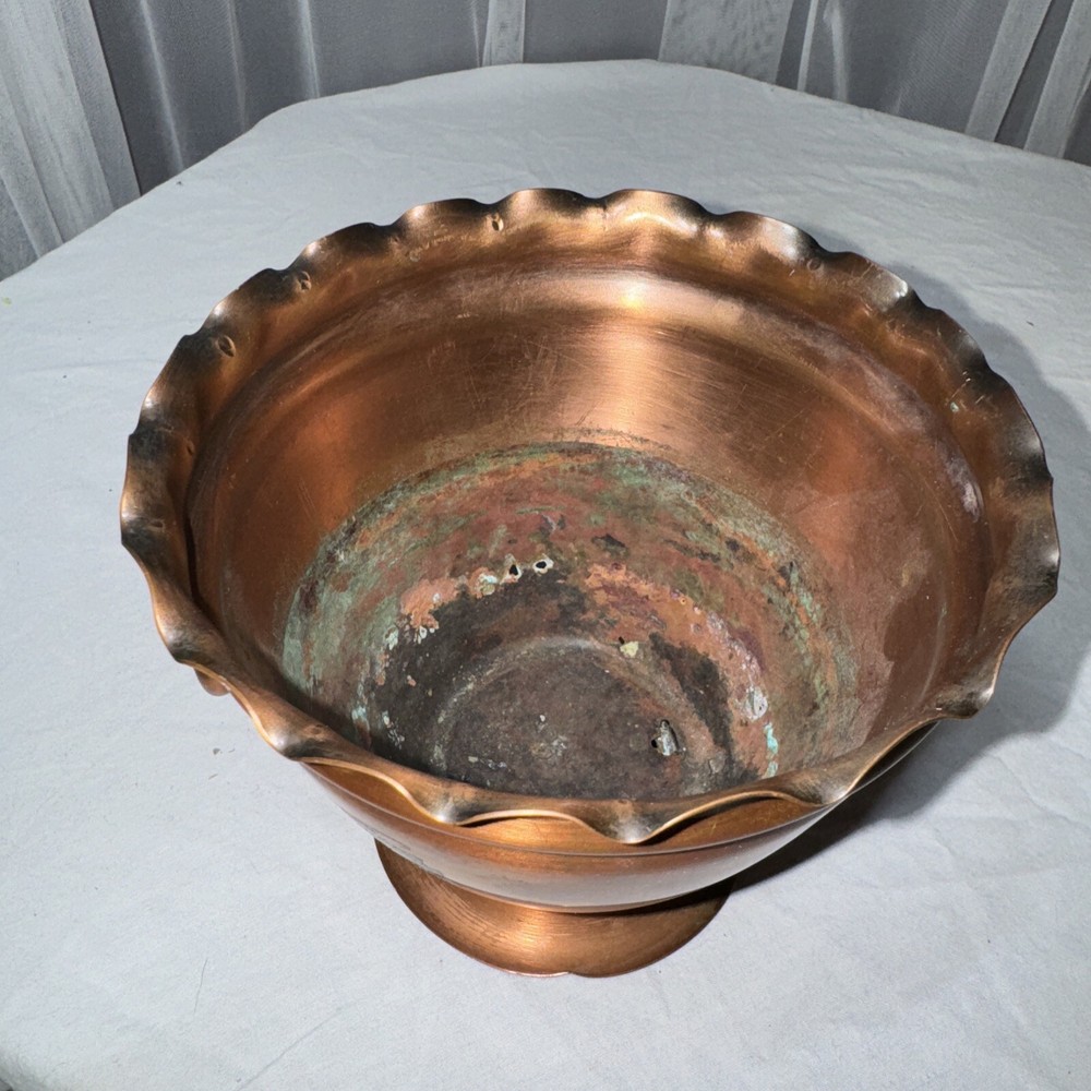 Solid Copper Pot Planter Vase Double Handle Scalloped Made In USA Hand Hammered