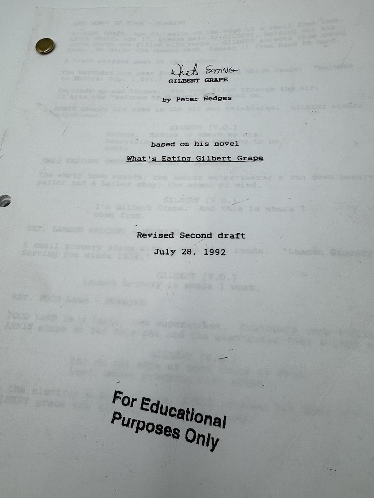 1992 What's Eating Gilbert Grape Original Movie Script Revised 2nd Draft Rare