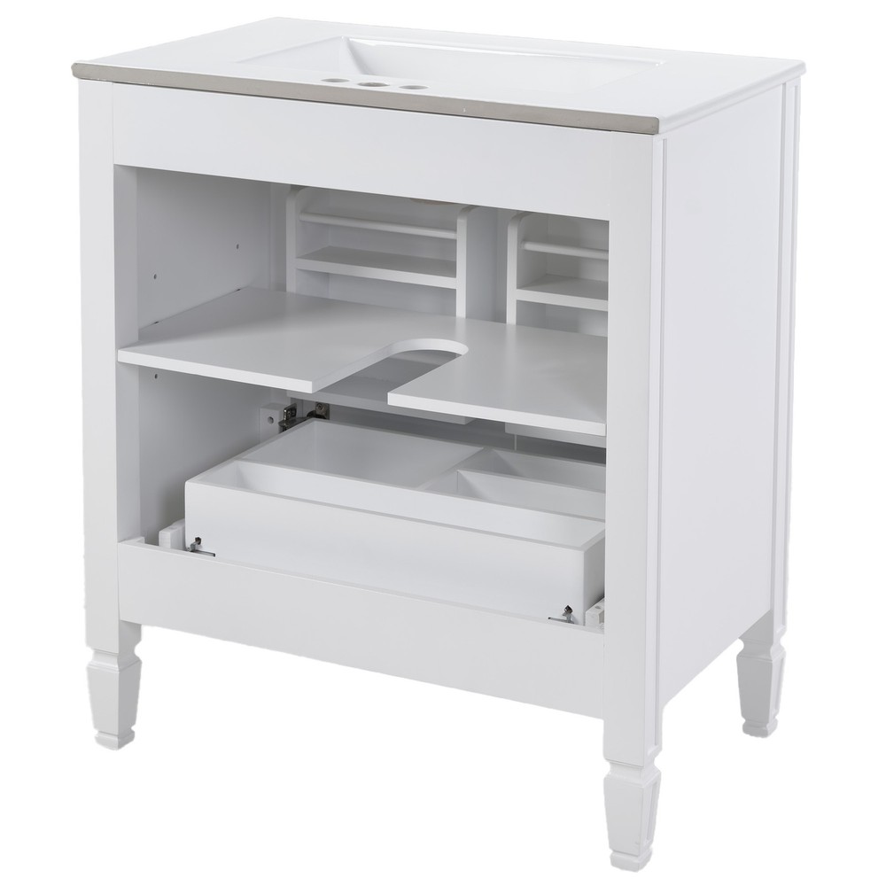 30" White Bathroom Vanity w/Ceramic Sink,2 Soft-Close Doors & Adjustable Shelf