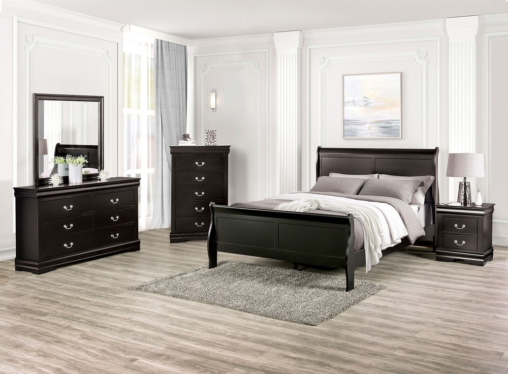 Queen Size Louis Philippe 4pc Bed Set Transitional Style Black Finish