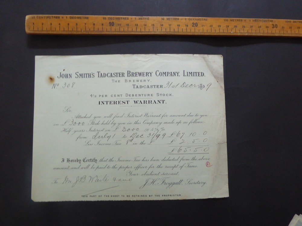 1899 John Smith's Tadcaster Brewery Leeds Interest Warrant