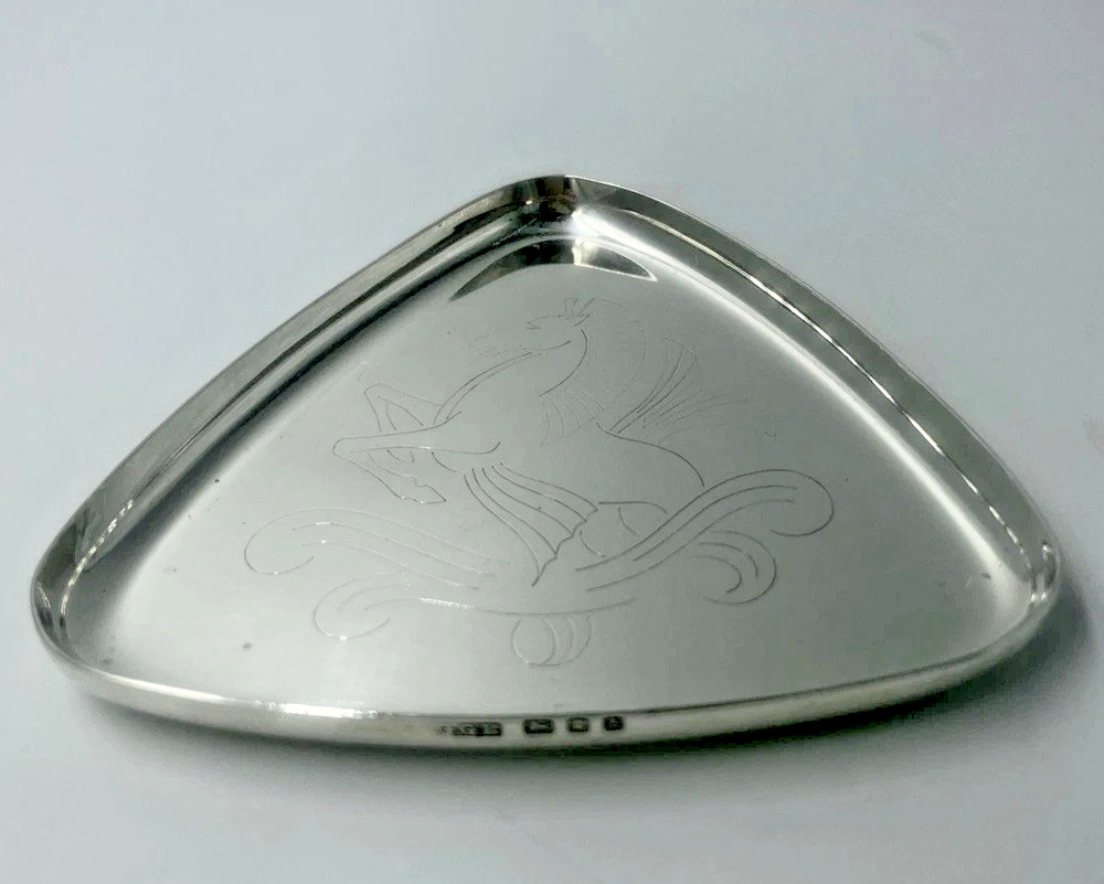 Geoffrey Guy Bellamy Silver Hippocampus Pattern Triangular Dish London 1957