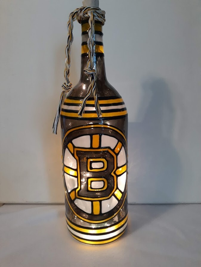 Boston Bruins Inspired Wine Bottle Lamp Hand Painted Lighted
