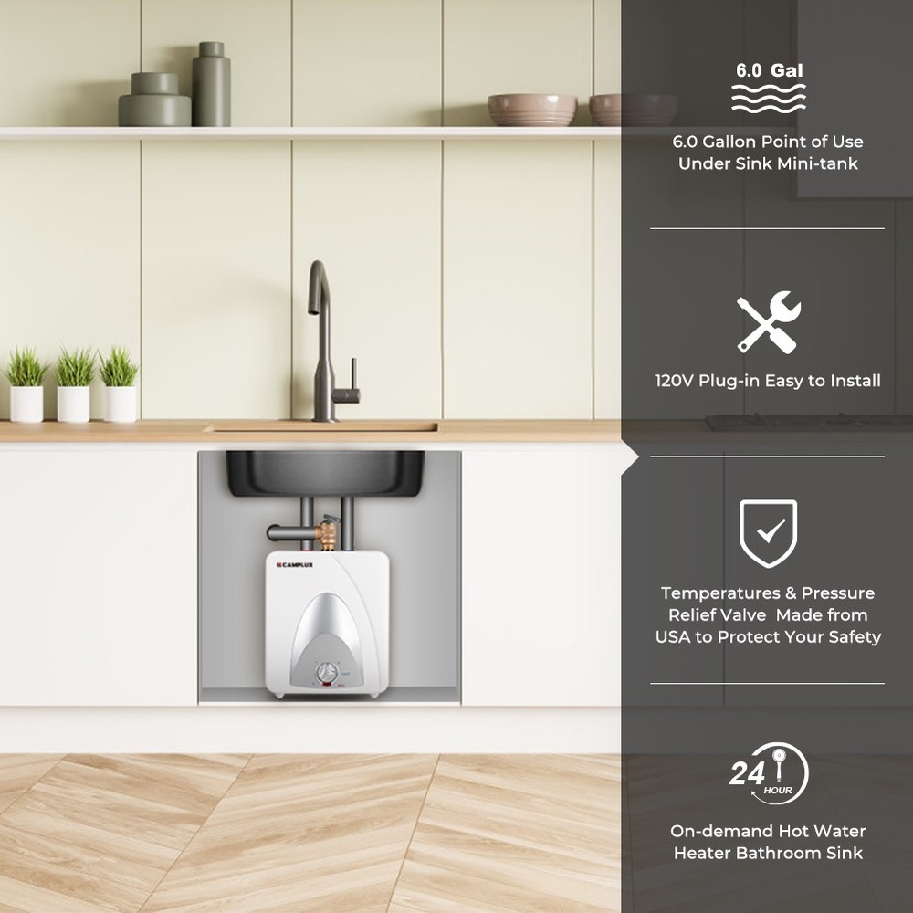 6 Gallon Electric Water Heater Mini Tank 1400W On Demand for Whole House Shower