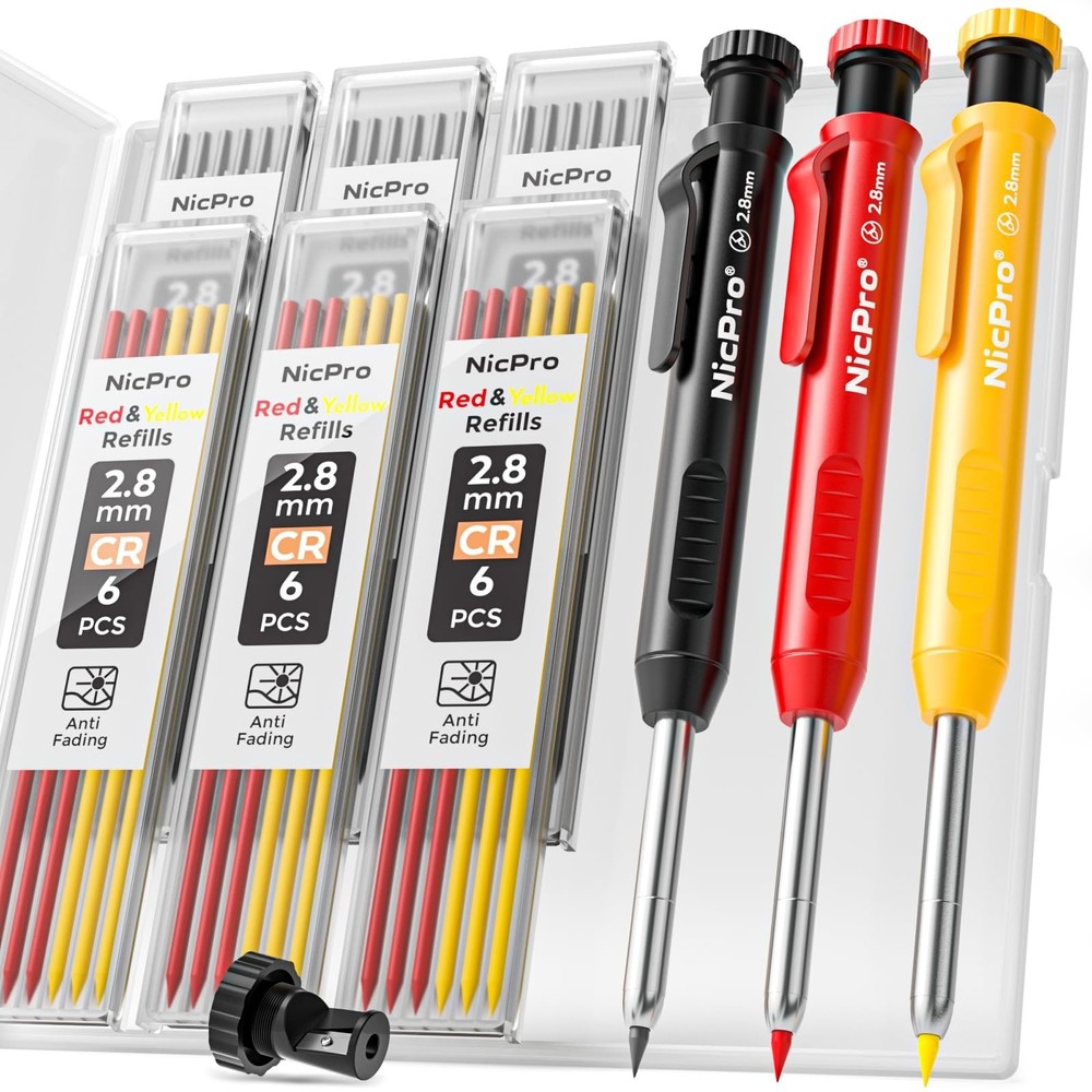 Nicpro 3 Pack Mechanical Carpenter Pencil with Sharpener & 39 Refills