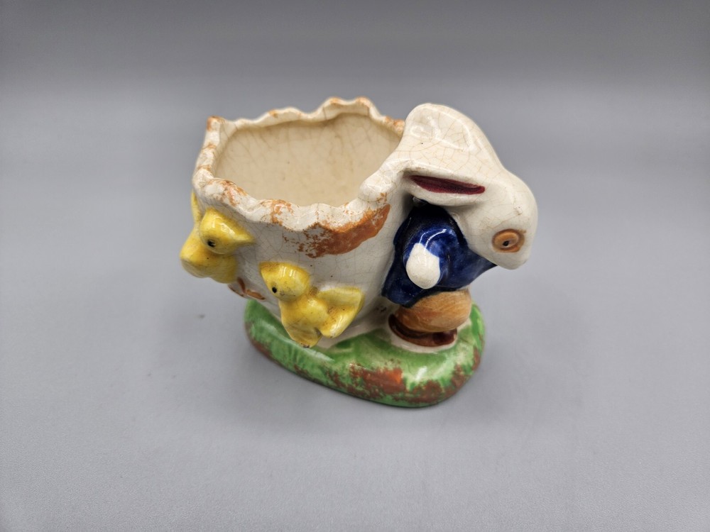Antique Vintage Mini Bunny & Chicks w/ Broken Egg Planter