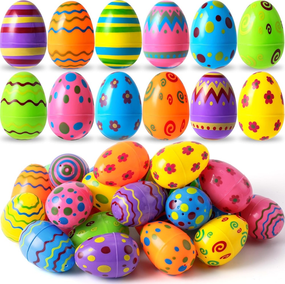 Toy Plastic Printed Bright Easter Eggs, Over 3.15'' Tall Fillable