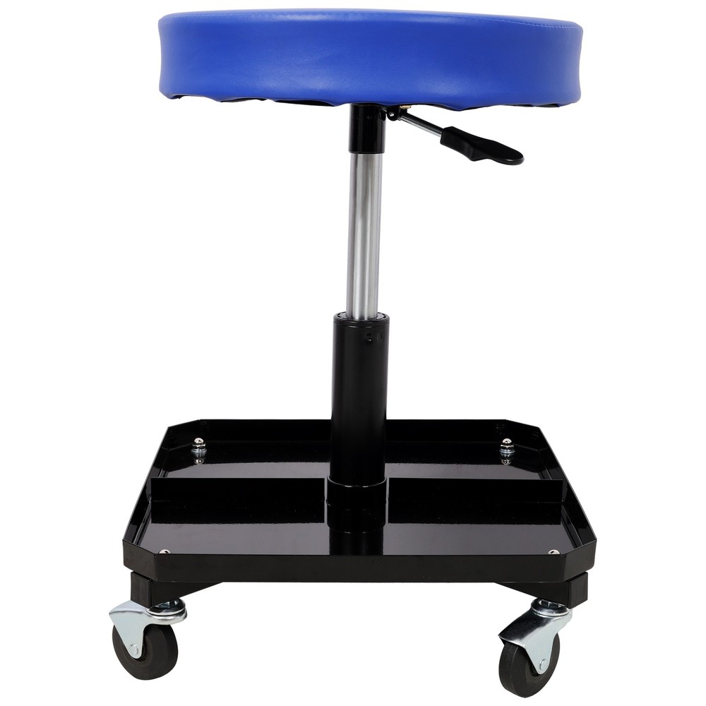 Storage of rolling pneumatic adjustable mechanical stools and tool trays