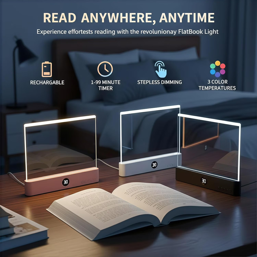Book Light, Rechargeable Clear LED Flat Reading Light with 3 Colors Timer...